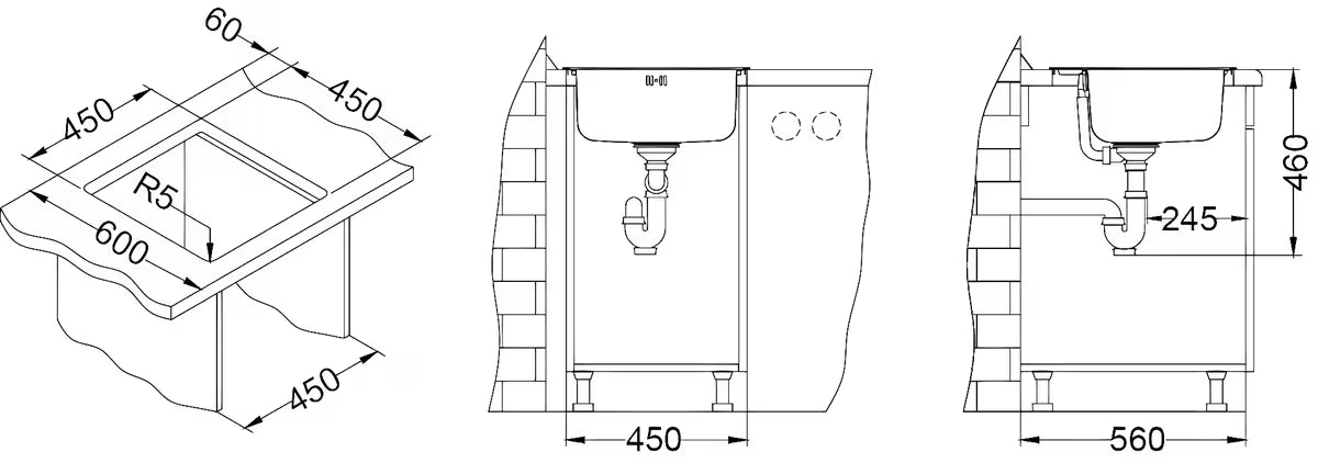 Inox ugradbeni sudoper Alveus Basic 140 bez ocjeđivača, s preljevom i otvorom pro za slavinu.