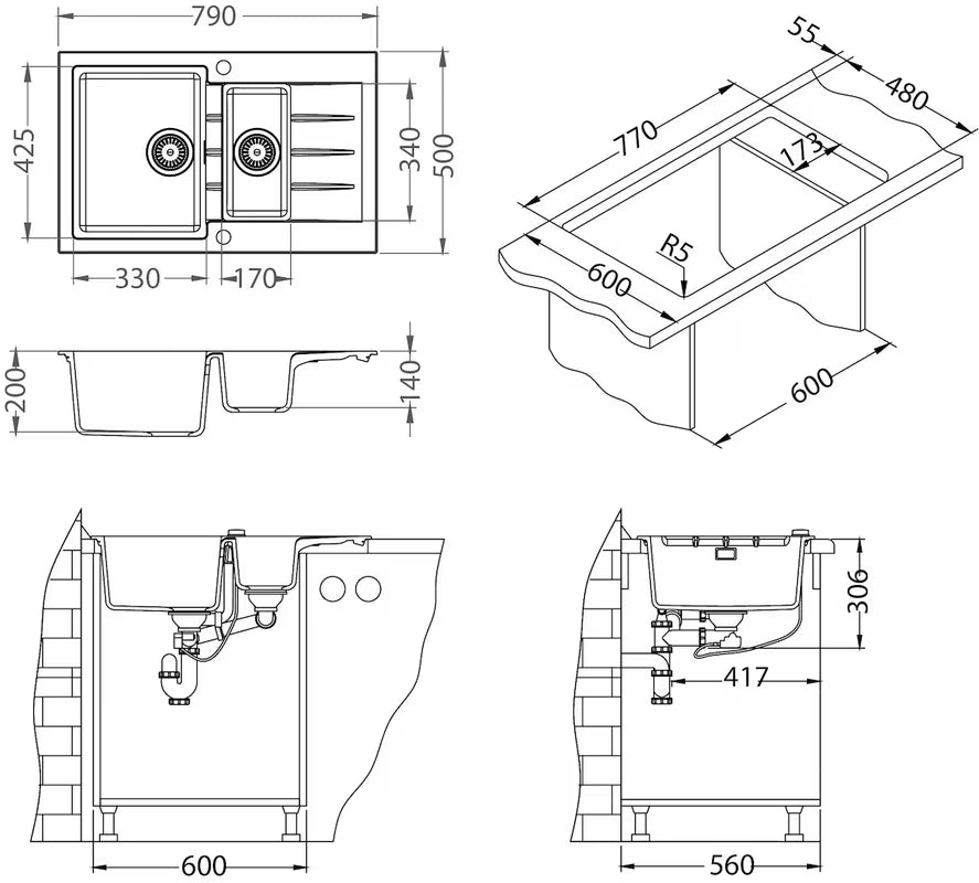 Crni granitni sudoper Alveus Cadit 70 / 91 s tuš kadom i ocjeđivačem na radnu ploču.