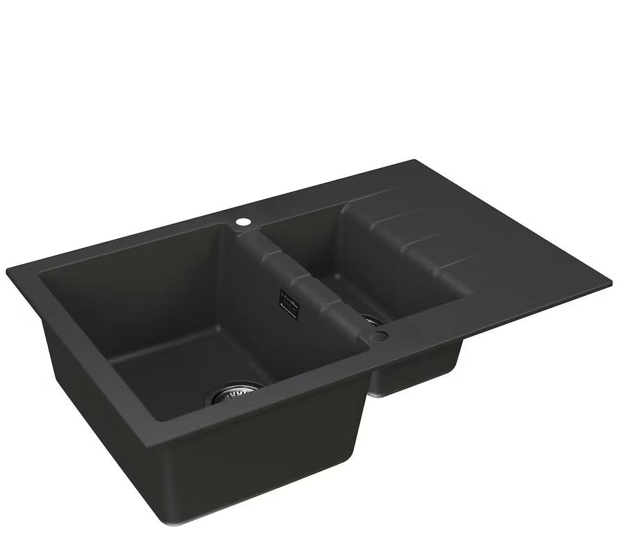 Crni granitni sudoper Alveus Cadit 70 / 91 s tuš kadom i ocjeđivačem na radnu ploču.