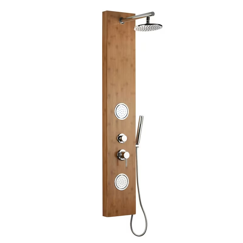 Tuš hidromasažni panel Anima Bamboo Shower od bambusa s nadglavnim i ručnim tušem te masažnim mlaznicama.