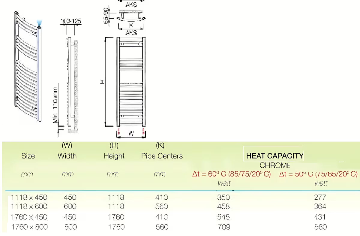 Kombinirani kupaonski radijator Anima Marcus 600x1118 mm u krom izvedbi sa zaobljenim profilom.