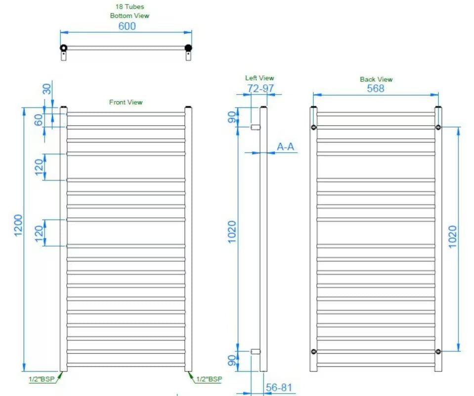 Kombinirani kupaonski radijator Anima Paul 60x120 cm u izvedbi od poliranog nehrđajućeg čelika chrome.