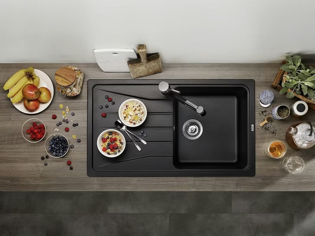 Crni granitni sudoper Blanco s ocjedom pro, gornja ugradnja na radnu ploču