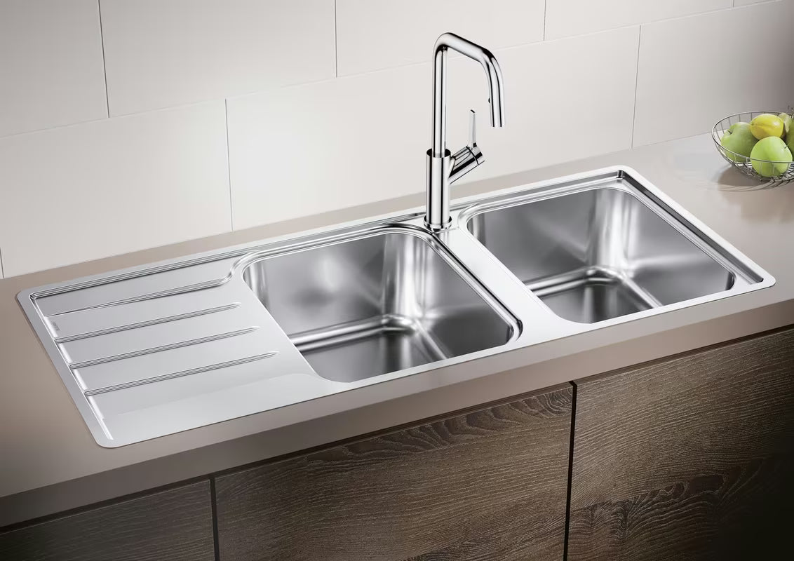 Kuhinjski dvostruki sudoper Blanco od nehrđajućeg čelika s ocjeđivačem u brušenoj izvedbi