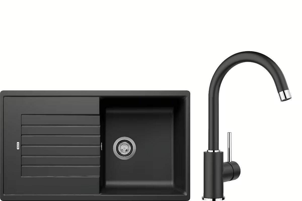Set kuhinjskog sudopera Blanco Zia 5 S kuhinjskom slavinom Blanco Mida modernog dizajna.
