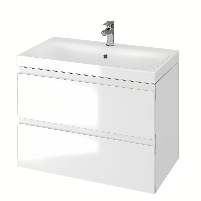 Bijela viseća kupaonski ormarić Cersanit Moduo s keramičkim umivaonikom i dvije ladice sa soft-close zatvaranjem.