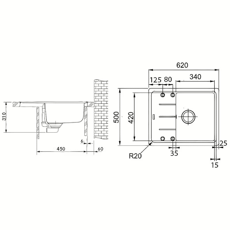 Crni mat sudoper Franke Oid 611-62 od materijala Tectonite s ocjeđivačem na radnu ploču.