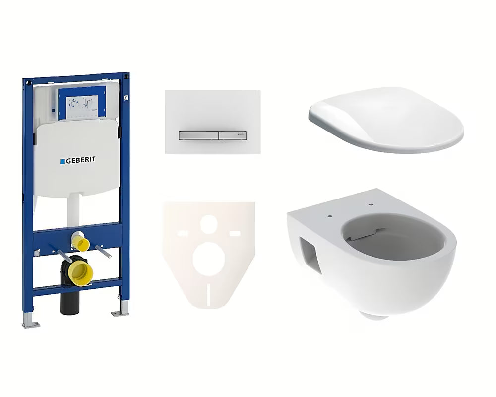 Viseći WC set Geberit Selnova s modulom Duofix, Rimfree školjkom i sjedalom soft Close u bijeloj boji.