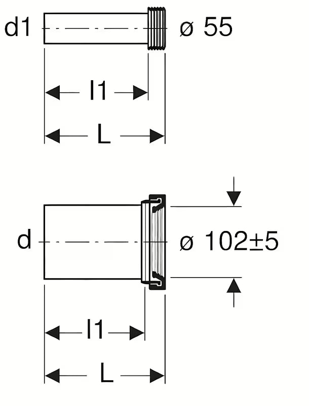 Produženi priključni set Geberit od PE-HD pro viseća WC školjka s cijevima, manšetama i pokrovnim kapicama.
