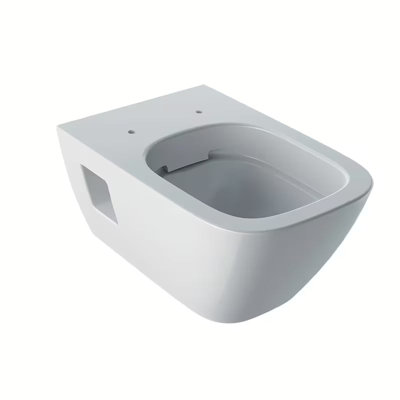 Bijele viseća WC školjka Geberit Selnova Square s tehnologijom Rimfree bez sustava za ispiranje i četvrtastim dizajnom.