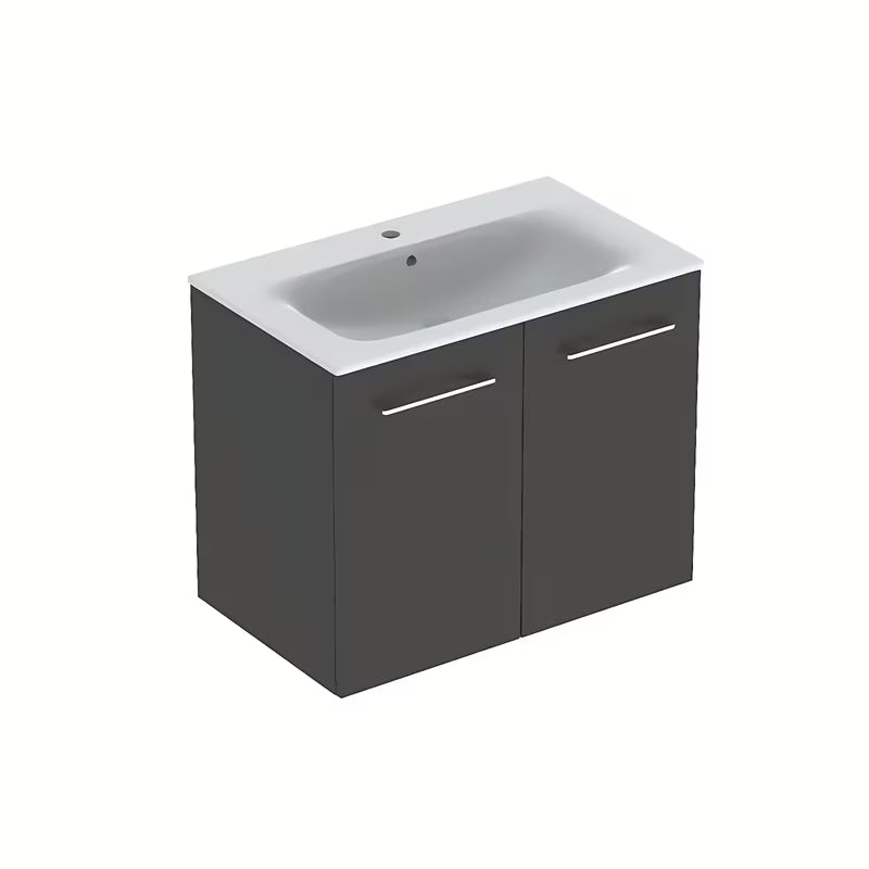 Viseća kupaonski ormarić s keramičkim umivaonikom Geberit Selnova u antracit izvedbi.