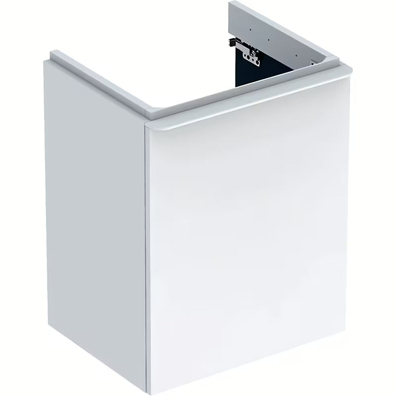 Bijeli viseća ormarić ispod umivaonika Geberit Smyle Square 49,2x62x40,6 cm s desnim otvaranjem vratašca.