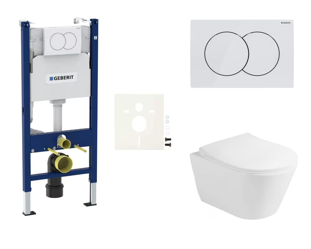 Viseći WC set Glacera Ava s instalacijskim modulom Geberit i tipkom za ispiranje Delta u sjajnoj bijeloj boji.