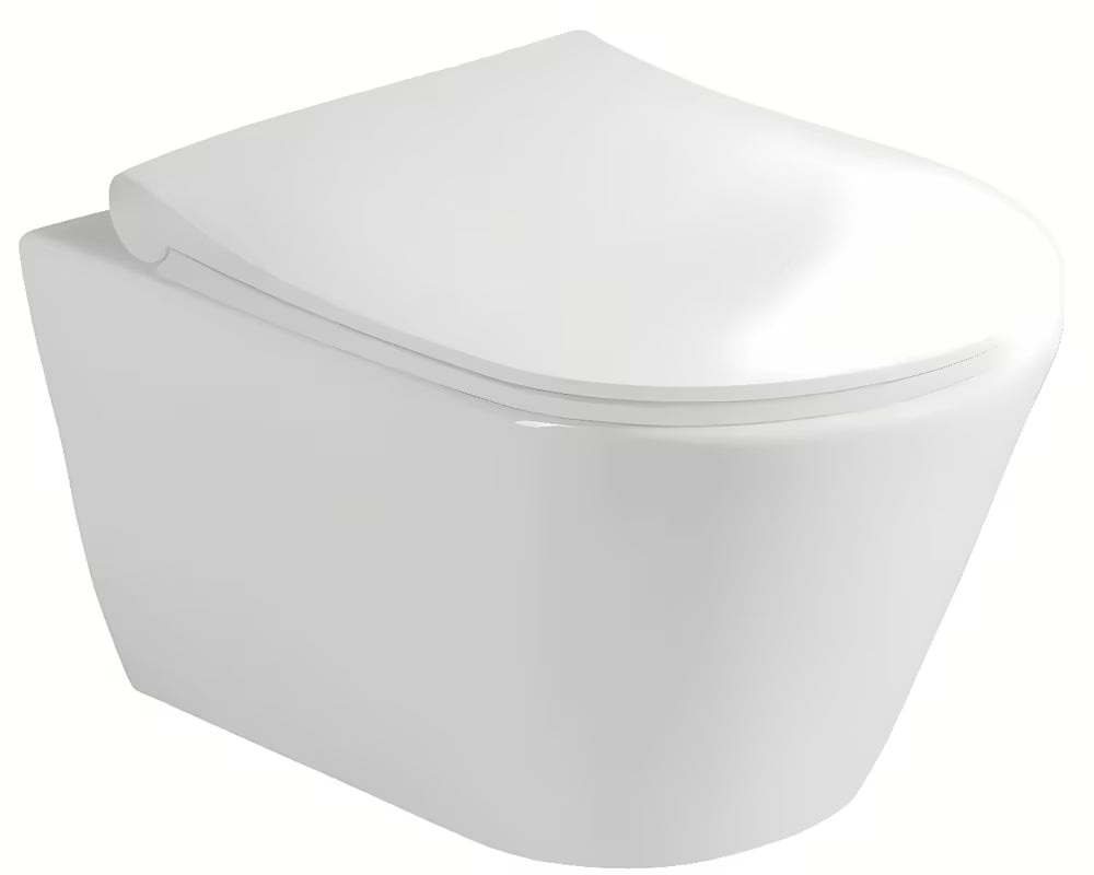 Viseći WC set Glacera Ava s instalacijskim modulom Geberit i tipkom za ispiranje Delta u sjajnoj bijeloj boji.