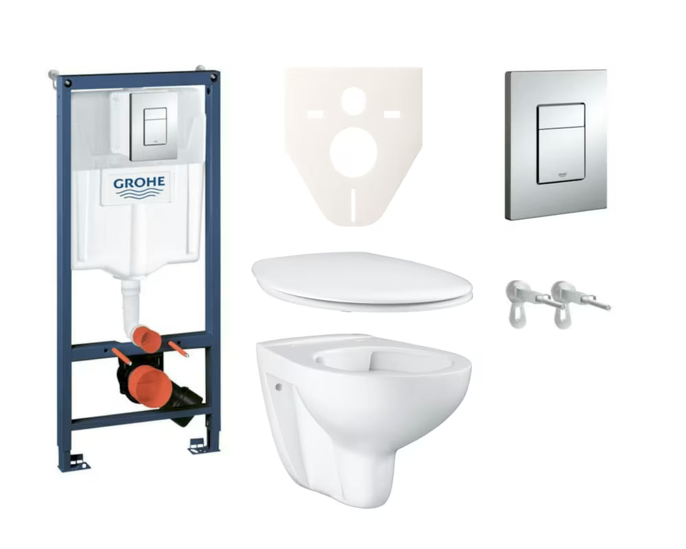 Viseći WC set Grohe Bau Ceramic s predzidnim modulom, vodokotlićem, sjedalom i tipkom u sjajnom kromu.