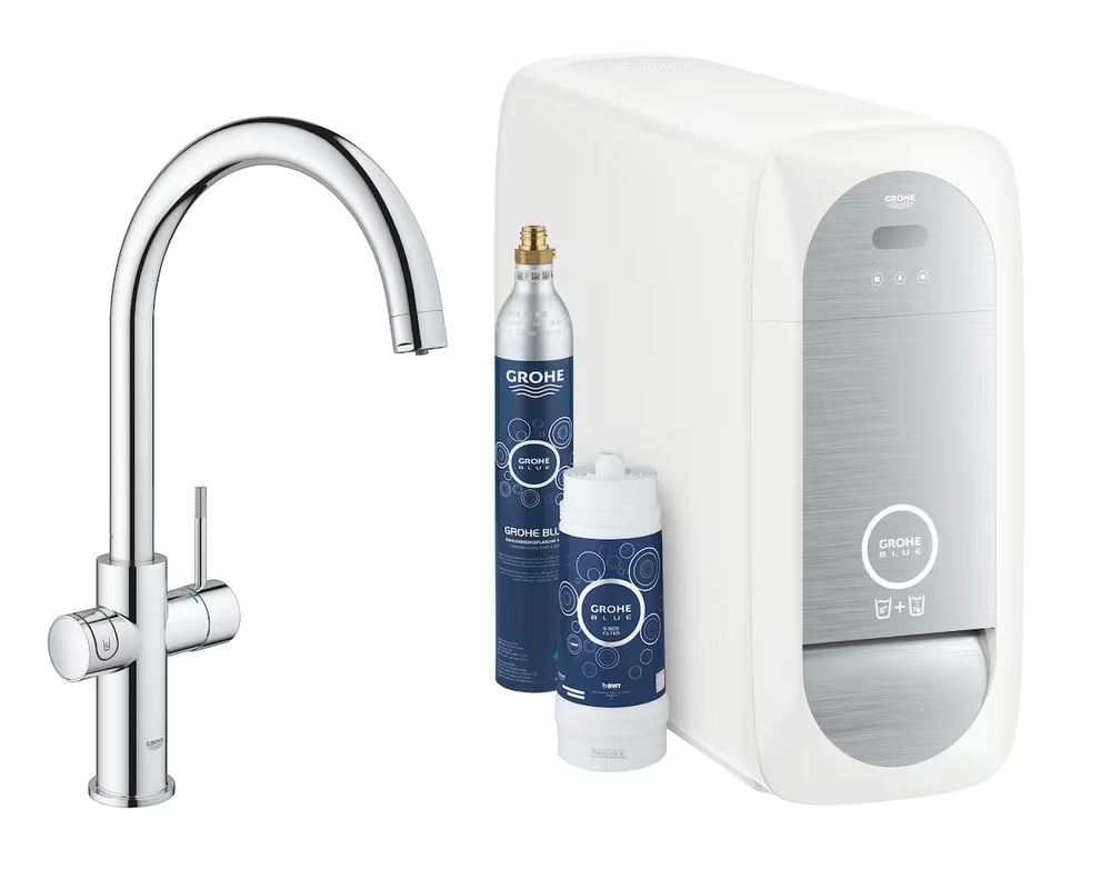 Kromirana miješalica za sudoper Grohe Blue Home Duo s filtrom, s hlađenjem i tipkom pro za gaziranu i negaziranu vodu