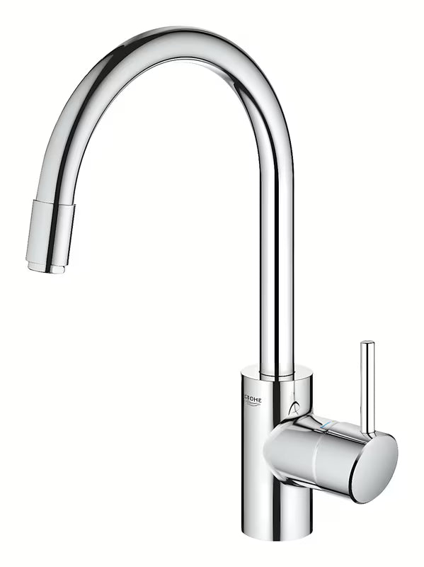 Kromirana miješalica za sudoper Grohe Concetto New s visokim zakretnim izljevom i izvlačnim tušem.