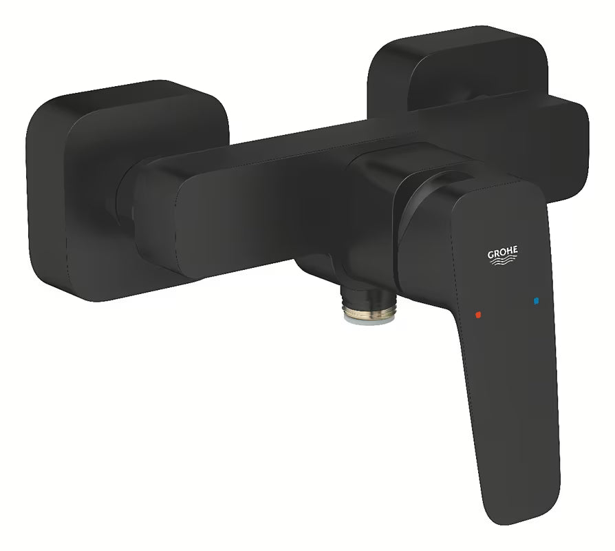 Zidna jednoručna baterija miješalica za tuš Grohe Cubeo u crnoj mat boji s donjim izlazom tuševi.