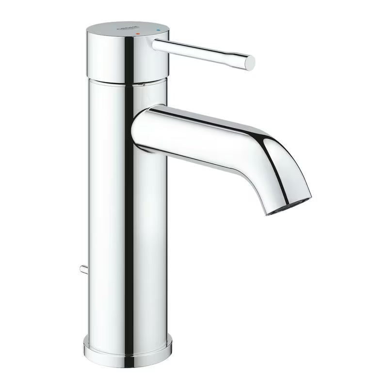 Kromirana jednoručna baterija miješalica za umivaonik Grohe Essence New s odvodnim setom i zakrivljenim izljevom.