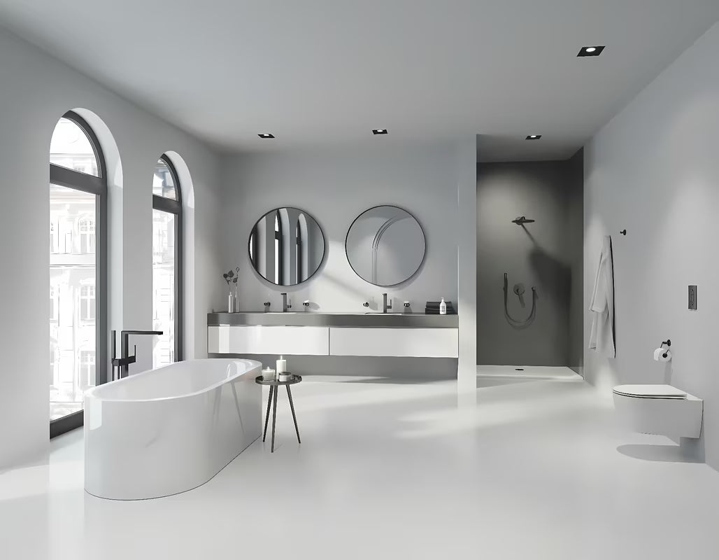 Podžbukna tuš/miješalica za kadu Grohe Essence New u završnoj obradi Brushed Cool Sunrise s ručicom i 3-smjernim preusmjerivačem.