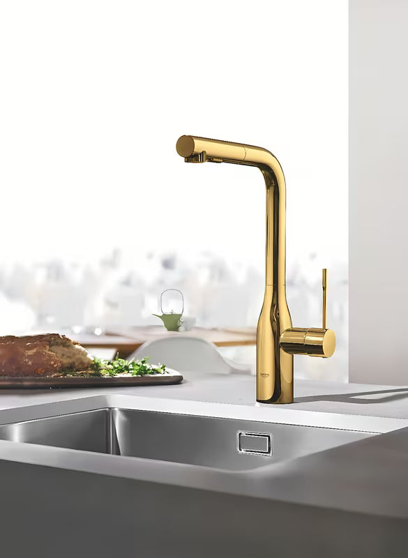 Grohe Essence New miješalica za sudoper u boji cool sunrise s visokim okretnim izljevom i izvlačnim tušem