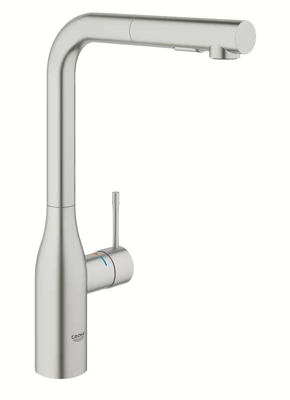 Grohe Essence New miješalica za sudoper s visokom zakretnom izljevnom cijevi i izvlačnim tušem u završnoj obradi supersteel.