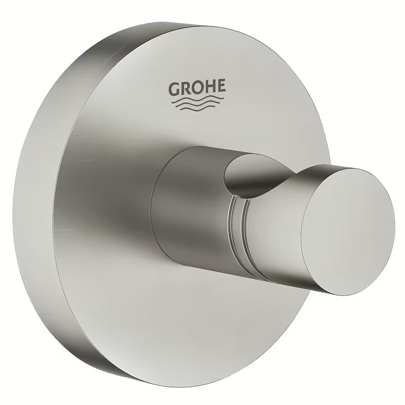 Kukica za ogrtač Grohe Essentials u izvedbi supersteel sa skrivenim pričvršćenjem na okrugloj rozeti.