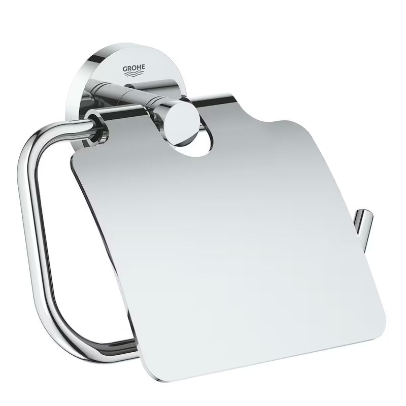 Kromirani držač toaletnog papira Grohe Essentials s poklopcem sa skrivenim zidnim pričvršćenjem.