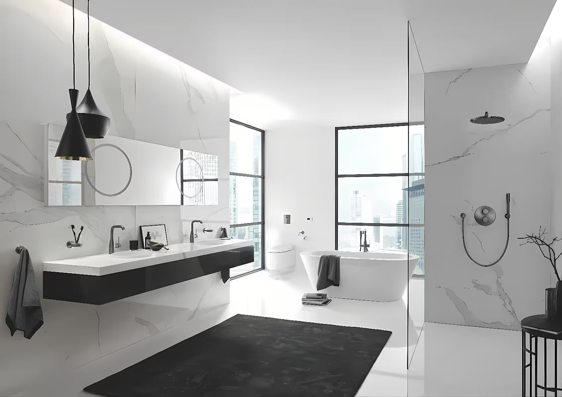Dozator sapuna Grohe Essentials bez držača sa staklenom posudom i površinom Grohe StarLight u izvedbi hard graphite.