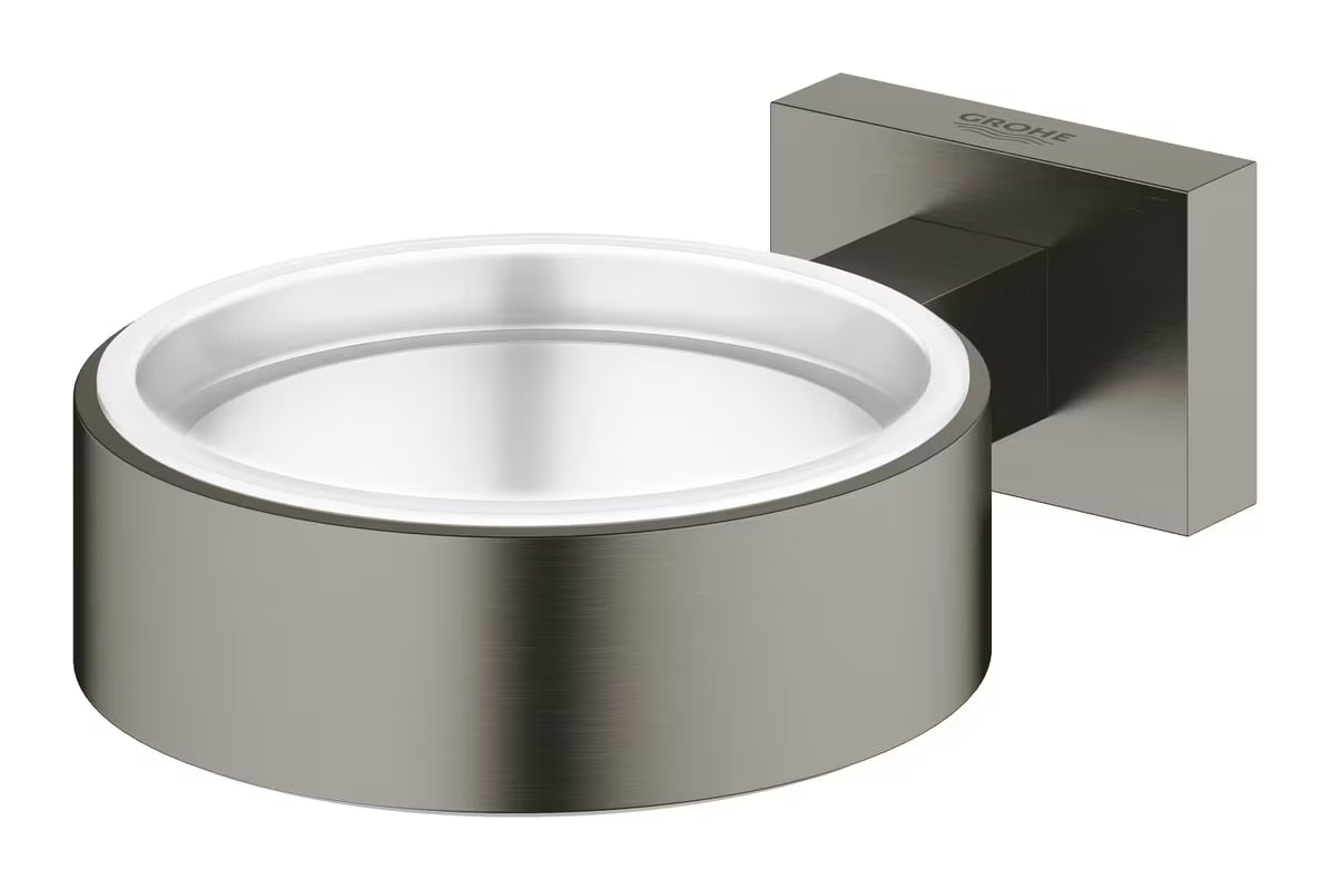 Grohe Essentials Cube držač čaša bez čaše u brušenoj Hard Graphite izvedbi sa skrivenim pričvršćenjem.