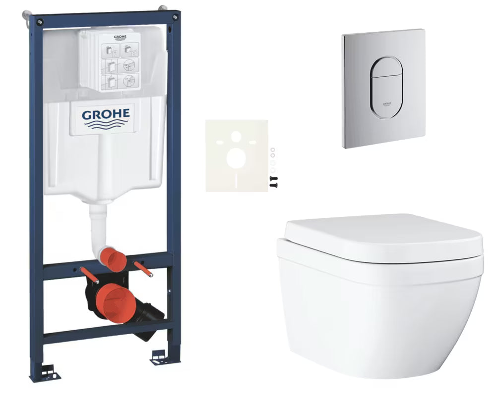 Viseći WC set Grohe Euro Ceramic s instalacijskim modulom Rapid SL, tipkom Arena Cosmopolitan i sjedalom soft Close.
