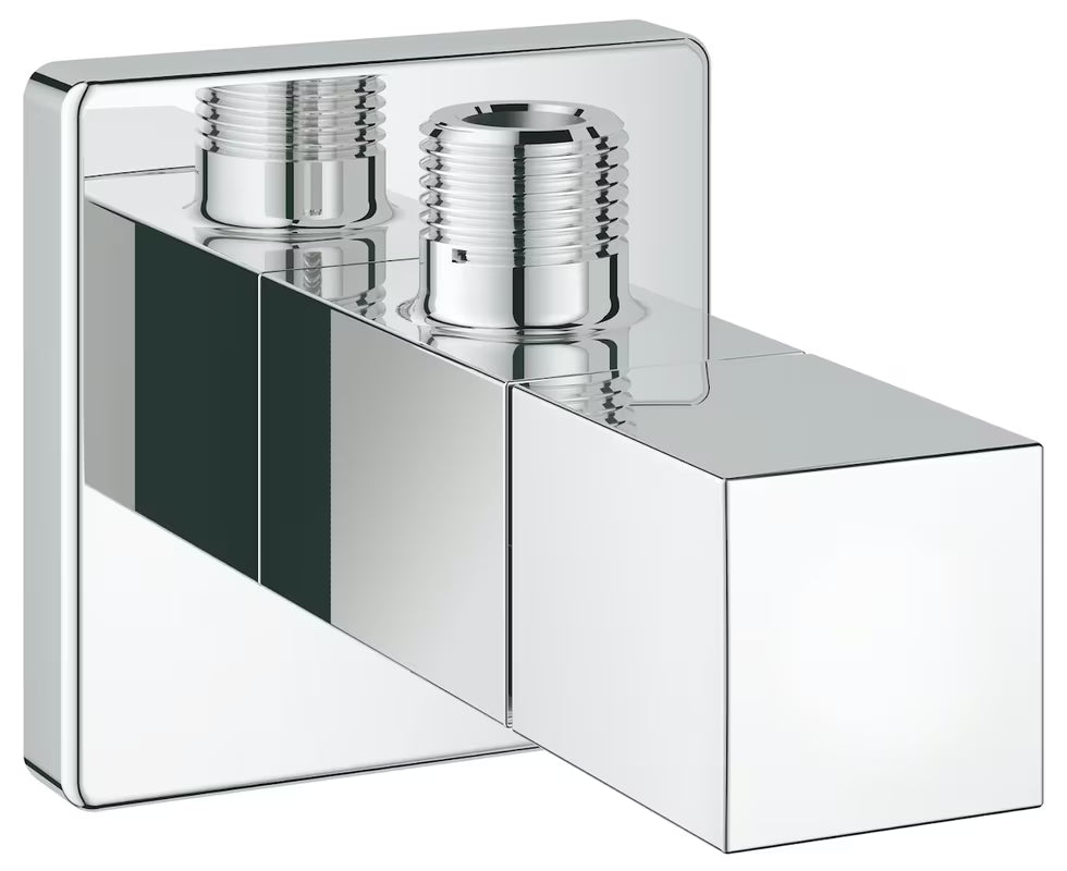 Kromirani kutni ventil Grohe Eurocube s metalnom slavinom i metalnom rozetom pro za zidnu ugradnju.