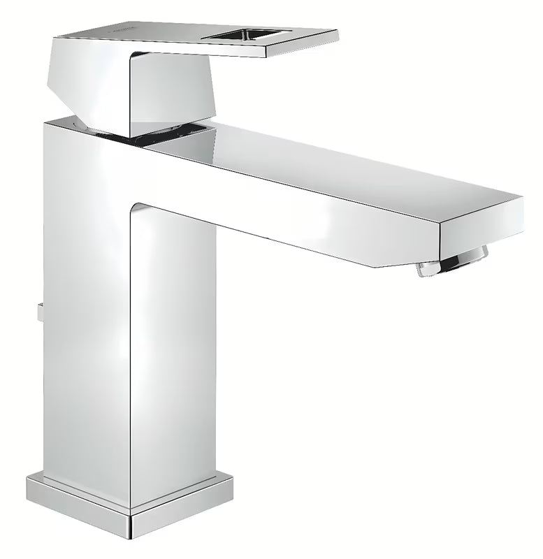 Kromirana jednoručna baterija miješalica za umivaonik Grohe Eurocube sa srednje visokim izljevom i odvodnim setom.