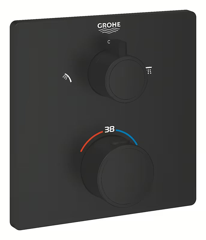 Mat crna podžbukna termostatska miješalica za tuš Grohe Grohtherm s četvrtastim upravljanjem.