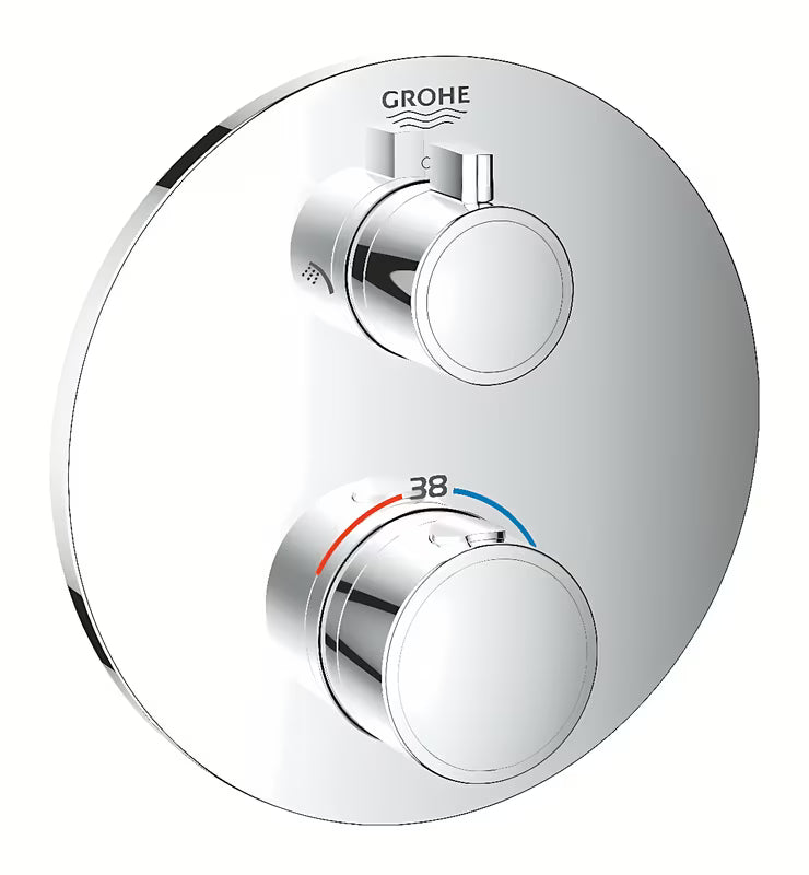 Podžbukna termostatska miješalica za tuš Grohe Grohtherm u krom izvedbi pro nadglavni i ručni tuš.