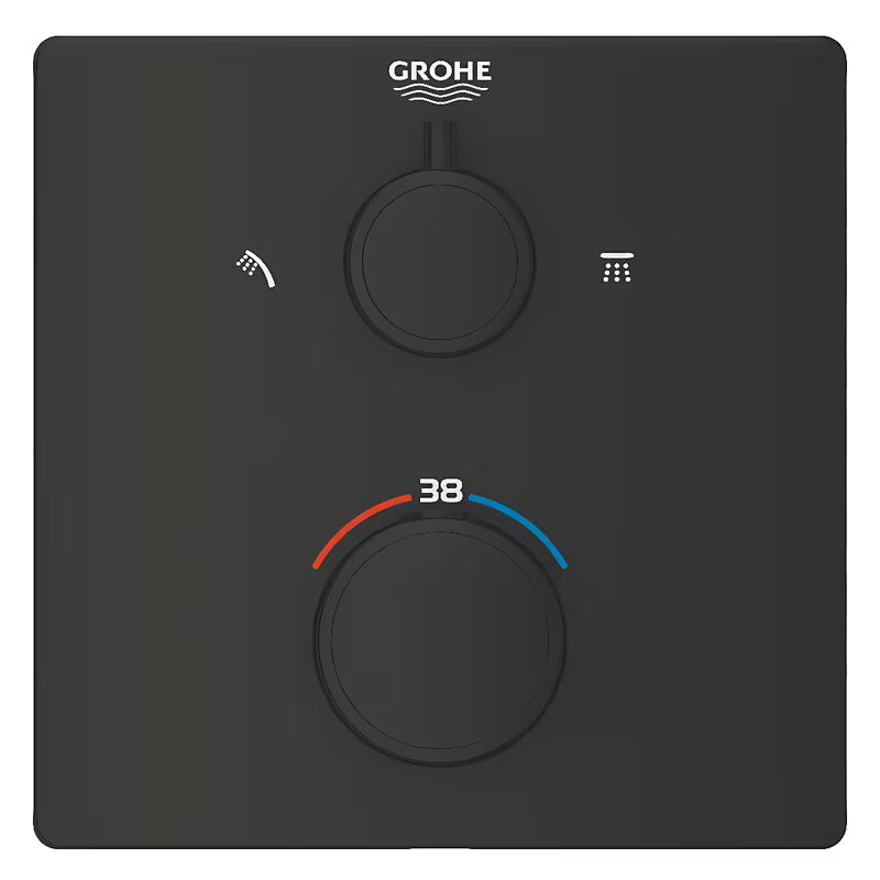 Mat crna podžbukna termostatska miješalica za tuš Grohe Grohtherm s četvrtastim upravljanjem.