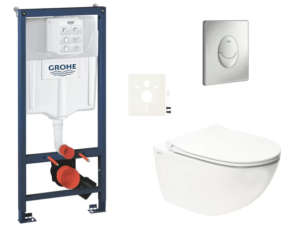 Viseći WC set SAT Infinitio u bijeloj boji s instalacijskim sustavom Grohe Rapid SL i tipkom Skate Air