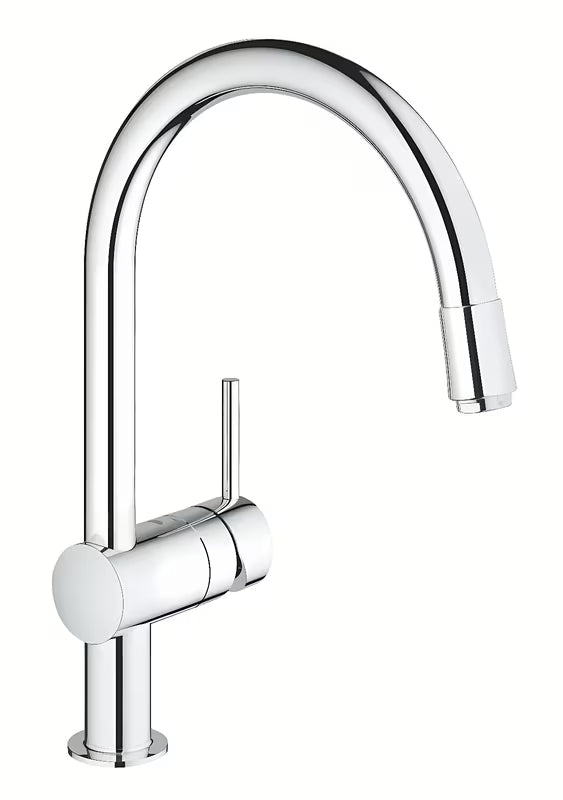 Kromirana miješalica za sudoper Grohe Minta s visokim C izljevom, zakretanjem 360° i izvlačnim tušem