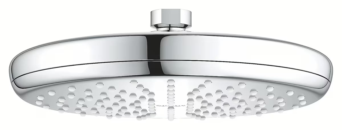 Kromirana nadglavni tuš Grohe New Tempesta 210 s mlazom Rain i tehnologijama DreamSpray i SpeedClean.