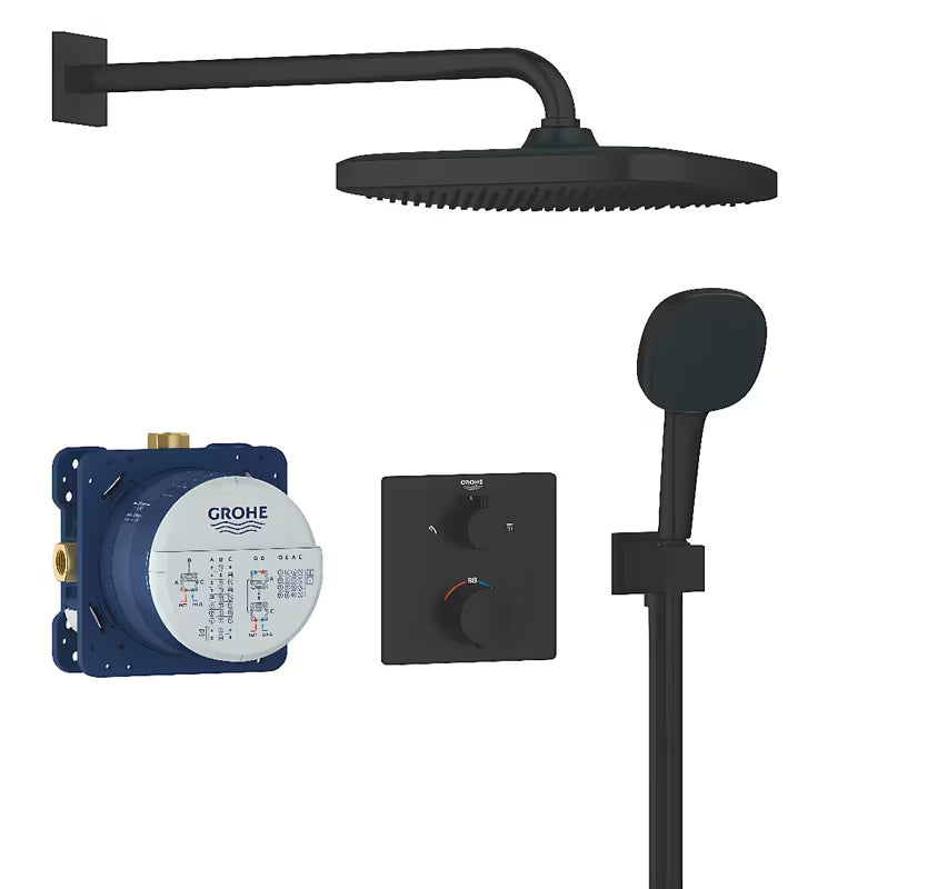 Podžbukni tuš sustav Grohe Precision Thermostat u mat crnoj boji s nadglavnim i ručnim tušem
