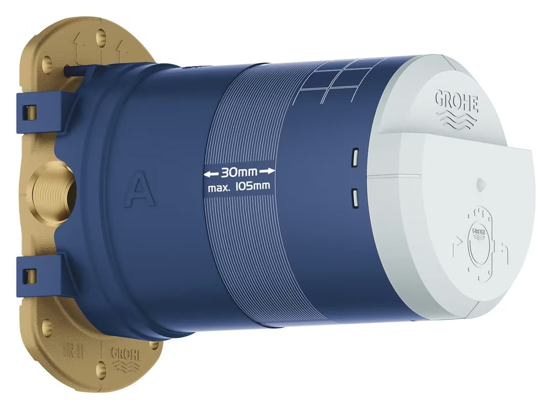 Podžbukno tijelo Grohe Rainshower pro set nadglavni tuševi s 2 ulaza DN 15 i ograničivačem protoka Grohe EcoJoy.