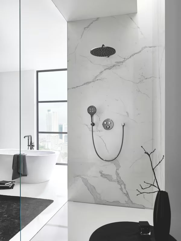 Fiksni zidni držač ručni tuševi Grohe Rainshower neutral s okruglom rozetom u završnoj obradi Hard Graphite.