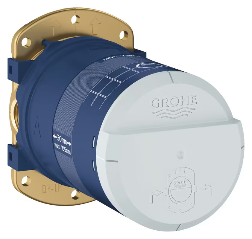 Podžbukno tijelo Grohe Rainshower pro set nadglavni tuševi s 2 ulaza DN 15 i ograničivačem protoka Grohe EcoJoy.