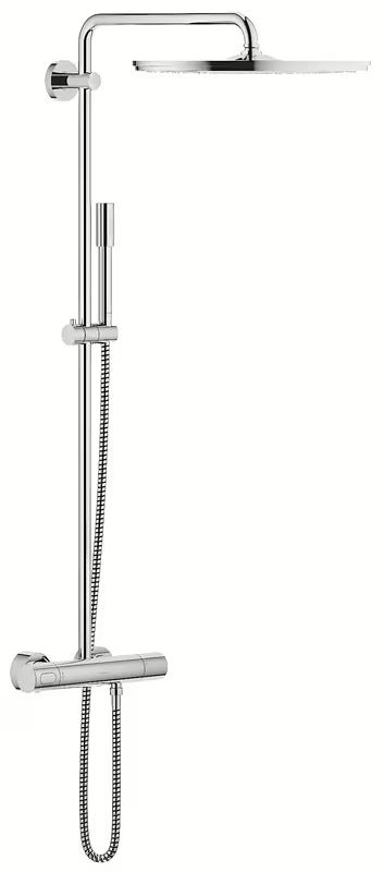 Tuš sustav Grohe Rainshower System s termostatskom miješalicom u krom izvedbi s nadglavnim i ručnim tušem.