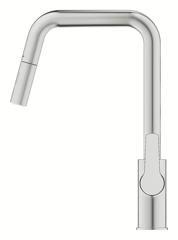 Miješalica za Sudoper Grohe Start 2021 u izvedbi supersteel s visokim zakretnim izljevom i izvlačnim tušem.