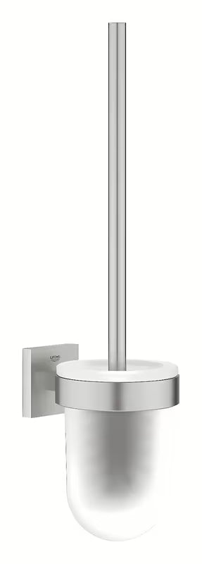 Zidna ČETKA za Wc Grohe Start Cube Accessories u izvedbi supersteel sa staklenom posudom i skrivenim pričvršćenjem.