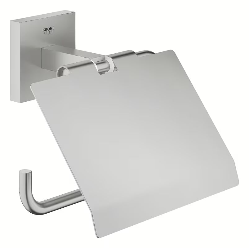 Držač toaletnog papira Grohe Start Cube Accessories u izvedbi supersteel s poklopcem sa skrivenim pričvršćenjem.