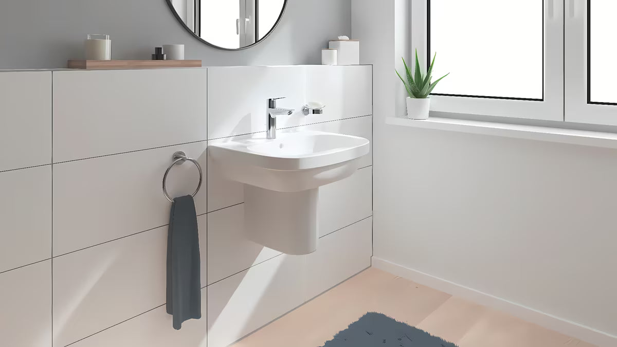 Kromirana jednoručna baterija miješalica za umivaonik Grohe Start s odvodom s višim izljevom pro za udobno pranje.