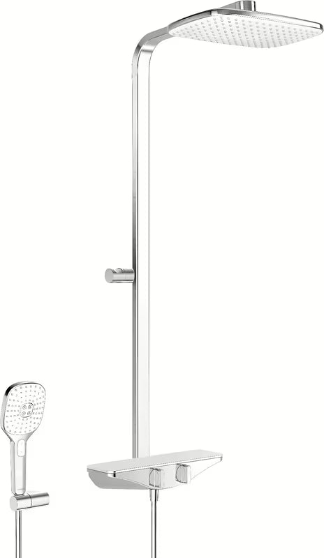 Hansa Emotion tuš sustav s termostatskom miješalicom u bijeloj i krom izvedbi s nadglavnim i ručnim tušem