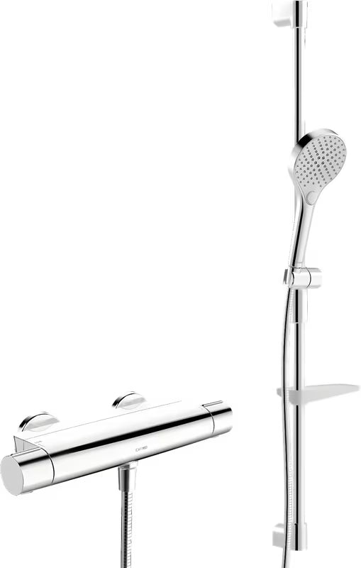 Termostatska miješalica za tuš Hansa Optima u kromu s tuš setom i ručnim tušem s tri vrste mlaza.